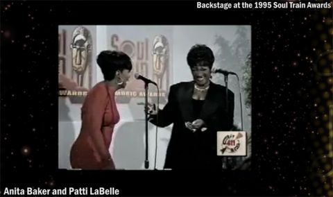 Award-winning R&B singer, Patti LaBelle (left), joking with fellow award-winning R&B singer Anita Baker backstage at the 1995 Soul Train Awards