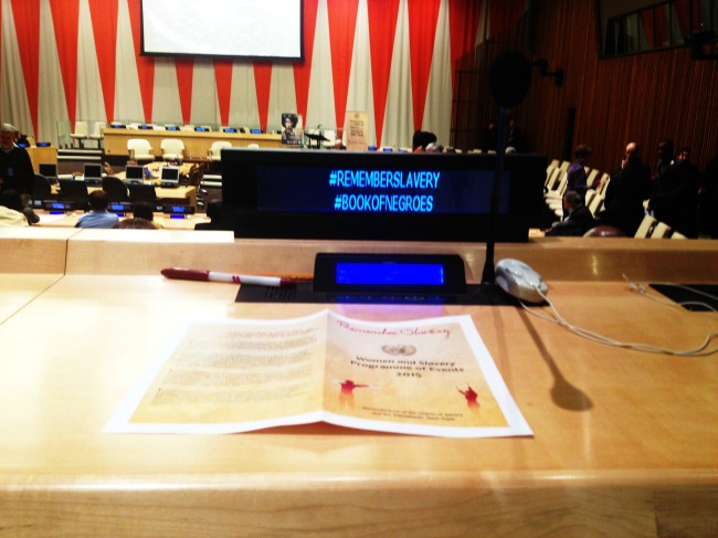 Book of Negroes at UN  monitors-with-hashtags-REMEMBERSLAVERY-and-BOOKOFNEGROES Photo by Luvon Roberson 650x487