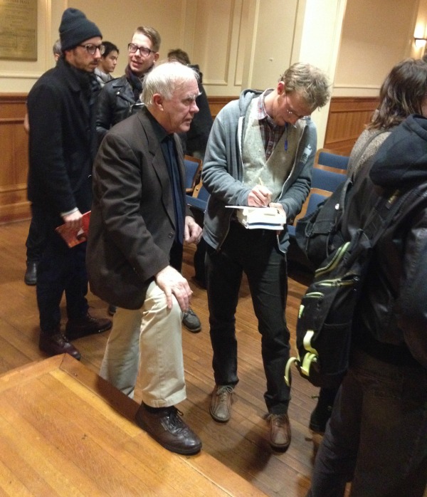 Robert Hass signing books Writers at Barnard series Photo-by-Luvon-Roberson 600x698