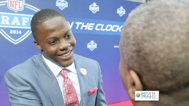 NFL Draftee, Teddy Bridgewater, greeting What&#039;s The 411Sports host, Glenn Gilliam at the 2014 NFL Draft