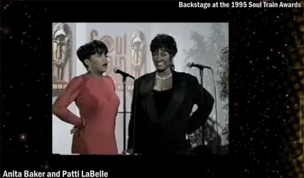 Award-winning singers Anita Baker (r) and Patti LaBelle are talking with the media backstage at the 1995 Soul Train Awards
