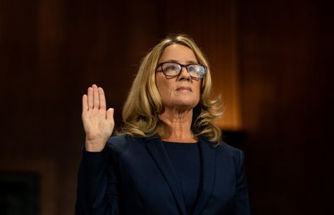 Dr. Christine Blasey Ford affirming to tell the truth at a US Senate Judiciary Committee hearing on September 27, 2018