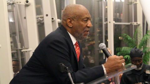 Bill Cosby speaking to an audience at Medgar Evers College in Brooklyn, NY