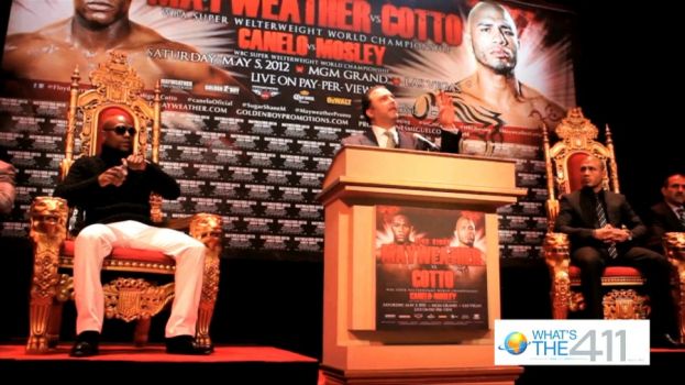 Boxers Floyd Mayweatherand Miguel Cott at a promotional event at the Apollo Theater