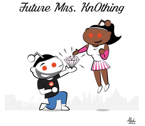 Cartoon image of Reddit Co-Founder, Alexis Ohanian, proposing to tennis superstar, Serena Williams