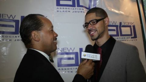 Michael J. Feeney (r), former president of the New York Association of Black Journalists talking with What's The 411TV reporter, Andrew Rosario. Michael Feeney passed away on January 31, 2016, at age 32.