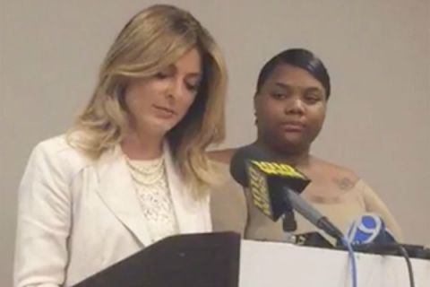 Attorney Lisa Bloom and her client, Quantasia Sharpton (r.), hold a press conference at the Hilton Hotel in New York City on Monday, to announce a lawsuit against R&B singer, Usher. Sharpton claims she was possibly exposed to herpes because of her sexual encounter with Usher.