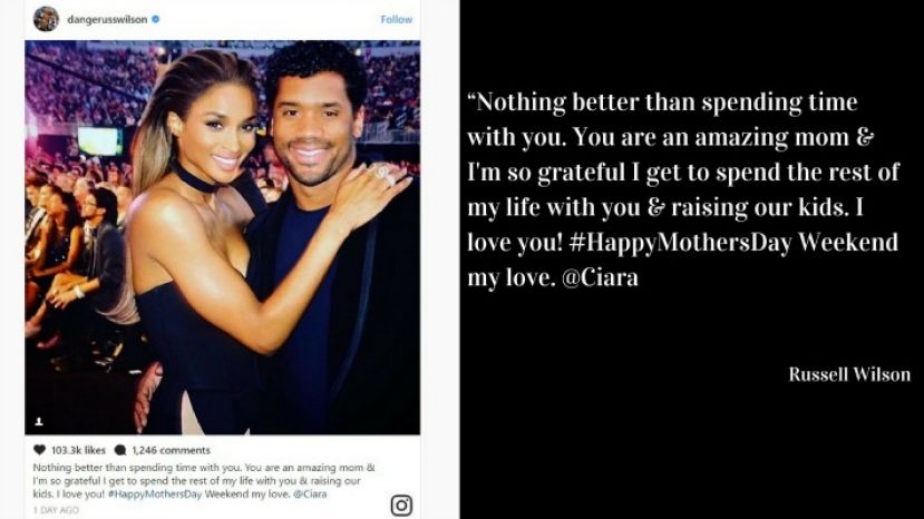 Photo of Russell Wilson and his wife, Ciara adjacent to Wilson&#039;s Mother&#039;s Day note posted on Instagram
