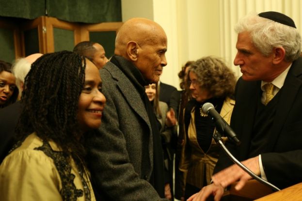 Dr. Brenda M. Greene, Executive Director, Center for Black Literature at Medgar Evers College (CUNY); and co-sponsor of opening reception of Stephen Somerstein&#039;s photo exhibit commemorating the 1965 Selma to Montgomery Civil Rights March, standing next to singer, songwriter, actor, and social activist Harry Belafonte, keynote speaker for the reception