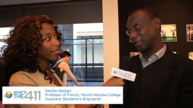 Kizzy Cox chatting with Samba Gadjigo, Professor of French at Mount Holyoke College, regarding  Ousmane Sembène