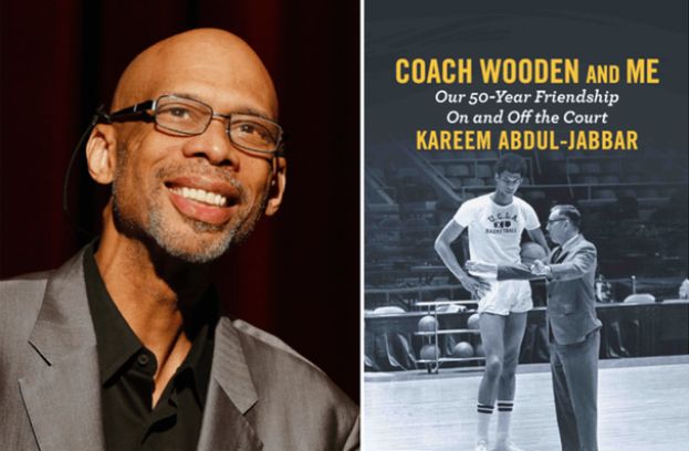 Kareem Abdul-Jabbar (left) and book cover for Coach Wooden and Me