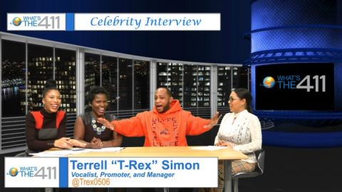 Vocalist, promoter, manager, Terrell "T-Rex" Simon on the set with the ladies of What's The 411: (L to R) Essence Semaj; Onika McLean; and Courtney Rashon