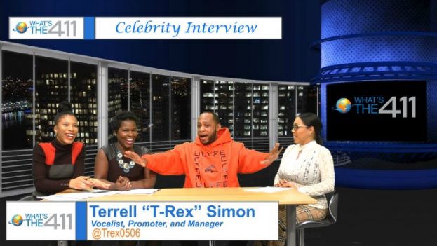 Vocalist, promoter, manager, Terrell &quot;T-Rex&quot; Simon on the set with the ladies of What&#039;s The 411: (L to R) Essence Semaj; Onika McLean; and Courtney Rashon
