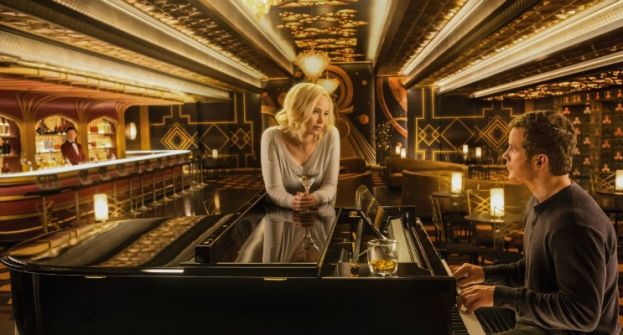 Actor Chris Pratt serenading Jennifer Lawrence by playing piano at a bar on the Starship Avalon in the movie Passengers