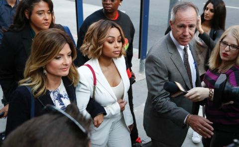 Blac Chyna (center) on her way into court accompanied by her attorney Lisa Bloom (on left) with the hopes of receiving a temporary restraining order against Rob Kardashian, the father of her daughter, Dream Kardashian.