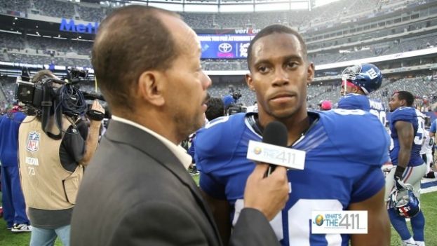 What&#039;s The 411Sports reporter Andrew Rosario talking with New York Giants wide receiver Victor Cruz after a game.