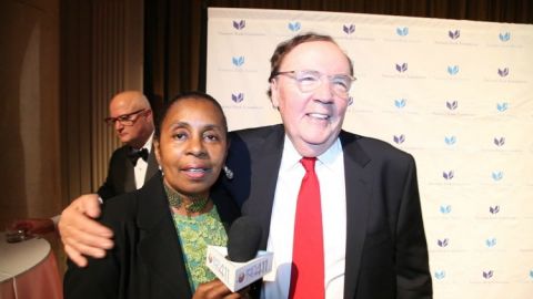What's The 411 Book Editor Luvon Roberson and award-winning author James Patterson on the red carpet at the 2015 National Book Awards at Cipriani Wall Street in New York City