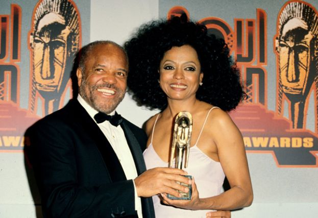 Award-winning singer/actress Diana Ross (r) and Motown Records founder, Berry Gordy Jr., backstage at the 1995 Soul Train Awards. Ms. Ross won the Heritage Award for Career Achievement