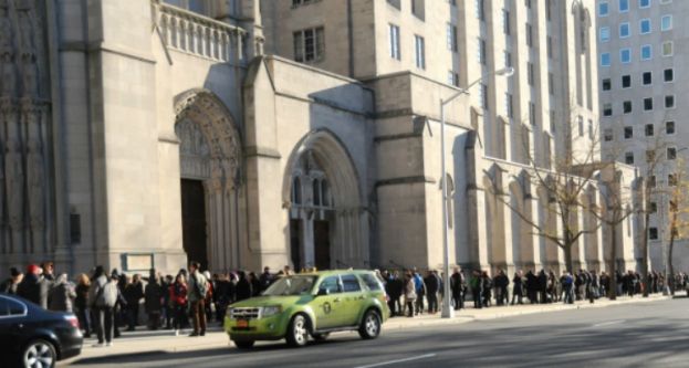 Crowd outside Riverside Church awaiting entry for the Dr. Cornel West - Bob Avakian Dialogue on Saturday, November 15, 2014