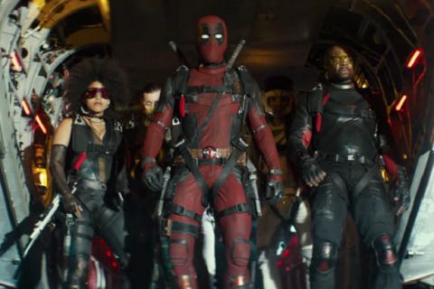 Cast of Deadpool 2 starring Ryan Reynolds (center). 