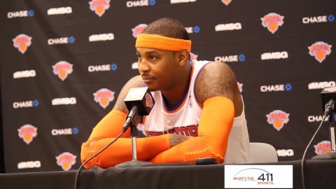 New York Knicks small forward, Carmelo Anthony, addressing the media